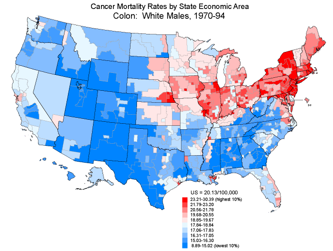 Cancer Mortality Rates by State Economic Area - Colon Cancer: White Male 1970-94